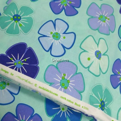 100% Cotton Fabric Blue and Aqua Color Flower Design