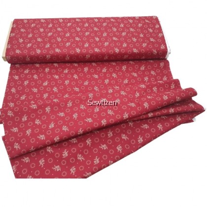 100% Cotton Fabric Dark Red Small Flower and Circle Design