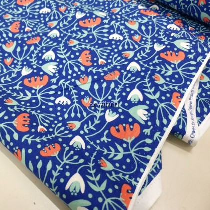 100% Cotton Fabric Dark Blue Flower Design | Kain Cotton Berwarna Biru Corak Bunga