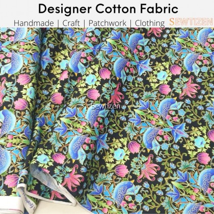 100% Cotton Suffolk Metallic Black Floral With Bird Motive Cotton Cloth